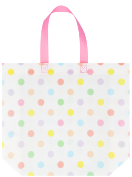 Biała torba PP Eloy na Dzień Kobiet z kolorowymi kropkami i różowymi uchwytami, widok z przodu.