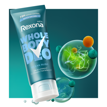 Dezodorant Rexona Men Whole Body Deo Ocean Rush w kremie, turkusowa tubka na tle z zielonymi molekułami.