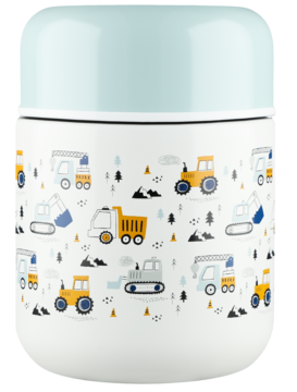 Termos Babydream 350ml, stal nierdzewna, biały z błękitnym wieczkiem i nadrukiem maszyn budowlanych, przód.
