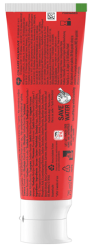 Tył tubki wybielającej pasty Colgate Max White 75ml, czerwone opakowanie, widoczna lista składników i logo "SAVE WATER".