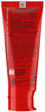 Tył czerwonej tubki pasty Colgate z białymi napisami, kodem QR, symbolami recyklingu i informacją o 50ml.