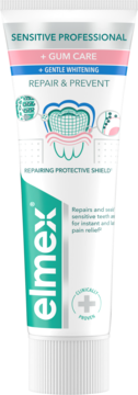 Pasta do zębów elmex Sensitive Professional Repair & Prevent + Gentle Whitening w białej tubie, przód.