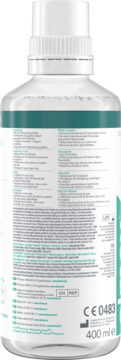 Tył przezroczystej butelki płynu elmex® Sensitive Professional 400ml, etykieta z informacjami o produkcie.