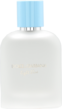Dolce & Gabbana Light Blue perfumy, biała matowa butelka z srebrnym kołnierzem i jasnoniebieską zakrętką, widok z przodu.