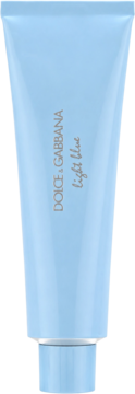 Jasnoniebieska tubka żelu Dolce & Gabbana Light Blue Pour Homme, z pionowym logo i napisem, widok z przodu.