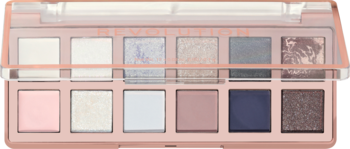 Opened Revolution Ethereal Nudes palette: pink-gold case, 12 compact matte & shimmer shades, soft nudes to dark blues.