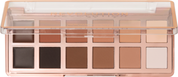 Paleta cieni Revolution Nudes, 12 neutralnych i ciepłych cieni w różowozłotym etui. Widok z góry.