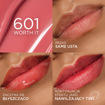 L'Oréal Paris Hyaluron Tint 601 Worth It. Różowy swatch i usta: przed, błysk oraz nawilżający tint. Zmiana efektu.