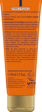 Tył pomarańczowej tubki Lirene Sun Expert 50ml, hialuronowy krem-żel UV, z polskim opisem i logo PETA.