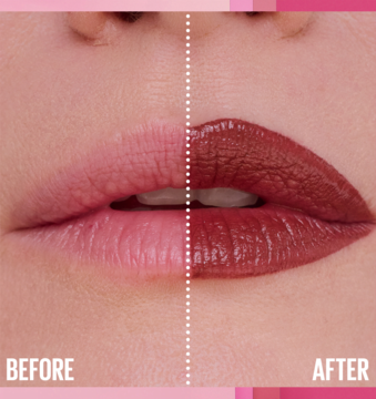 Zbliżenie na usta kobiety z podziałem: przed i po aplikacji matowej szminki Maybelline New York w odcieniu brązu.