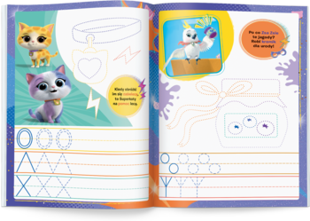 Otwarta książka Superkoty ze szlaczkami: kotki rysują, dzieci ćwiczą kreskowanie kółek i trójkątów do pisania.