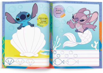 Otwarta książka do nauki szlaczków. Stitch na muszli, Angel syrenka. Kolorowe tło, wzory rybek, diamentów.
