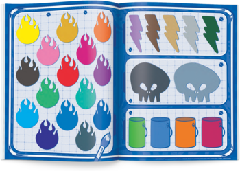 Otwarta książka Hot Wheels: płomienie, błyskawice i czaszki do malowania farbkami wodnymi i pędzelkiem.