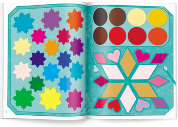 Otwarta książka: strona z kolorowymi gwiazdkami i strona z paletą farb oraz geometrycznym wzorem do ozdabiania.