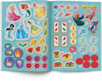 Brokatowe naklejki Disney Princess: Ariel, Elsa, Belle, kwiaty, lampiony, prezenty. Widok otwartej strony książki.