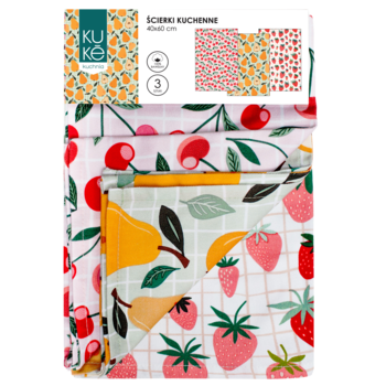 Zestaw 3 ścierek kuchennych KUKU z owocowymi wzorami wiśni, gruszek i truskawek, w opakowaniu.