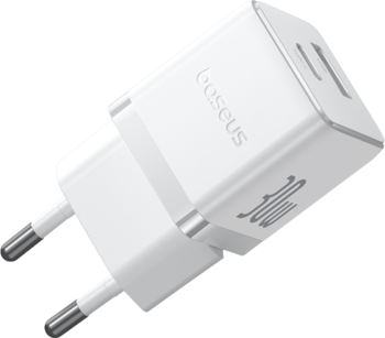 Biała ładowarka Baseus Palm 30W z dwoma portami, widok z góry pod kątem, z europejskimi wtykami.