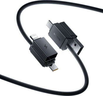 Czarny kabel Baseus Versatile 4w1 USB-C/Lightning 60W. Magnetyczne końcówki i nylonowy oplot, widok z góry na pętlę.