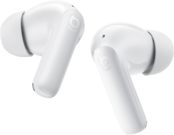 Dwa białe bezprzewodowe słuchawki TWS Baseus Bass EP10 NC z aktywną redukcją szumów, widok z przodu.