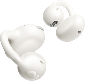 Dwie białe słuchawki Baseus Bass BC1 Open-Ear clip-on z zaokrąglonymi uchwytami, dynamicznie ułożone.