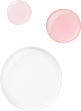 Trzy wypukłe, lśniące krople żelu: jedna duża biała i dwie mniejsze różowe, na tle czarno-żółtym. Próbki barw.