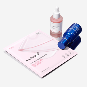 Meditox: różowa kolagenowa maska żelowa, serum z pipetą i błyszcząca niebieska butelka. Zestaw do pielęgnacji skóry.