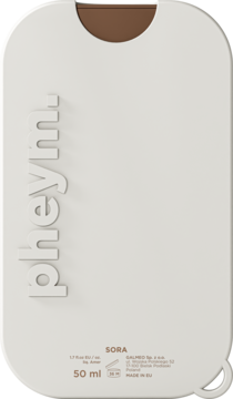 Perfumy Pheym SORA 50ml, podłużny kremowy flakon z brązowym wieczkiem, logo 3D, widok z przodu.