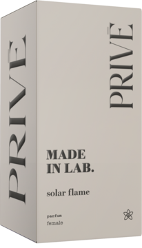 Beżowe pudełko perfum damskich PRIVE MADE IN LAB. solar flame, widok z boku, z czarnymi napisami i logo.