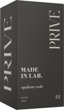 Prive Made in Lab. Opulent Code parfum męski, ciemne pudełko z jasnymi napisami, widok pod kątem.