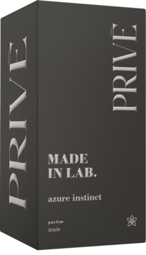 Ciemne opakowanie perfum PRIVE MADE IN LAB. azure instinct męski, zapach pieprzowo-lawendowy, widok z przodu i boku.