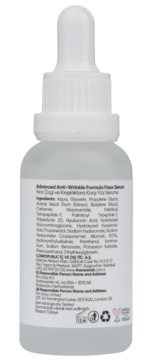 Advanced Anti-Wrinkle Formula Face Serum, tył przezroczystej butelki z białym zakraplaczem i listą składników.