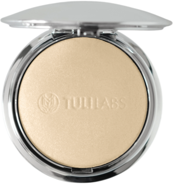 Srebrny kompakt TULLABS Gelly Gold, otwarty, widok z góry. Jasny, żelowy rozświetlacz z logo i efektem złotego glow.