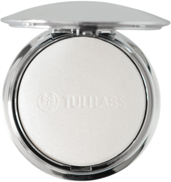 Rozświetlacz TULLABS Gelly Silver w otwartym, srebrnym kompakcie, widok z góry. Perłowy puder.