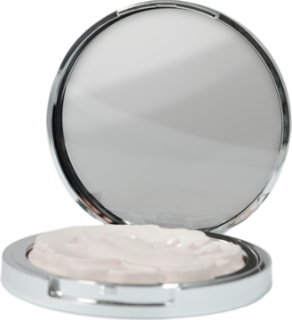 Luminous lekki prasowany puder rozświetlający w otwartej srebrnej kasetce, z falistą masą pudru.