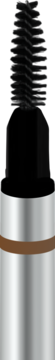 Zbliżenie na aplikator kredki do brwi Warm Bronze: czarna spiralna szczoteczka, srebrna obudowa z brązowym paskiem.