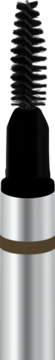 Zbliżenie na czarny, spiralny aplikator do brwi w odcieniu Bronze, widoczny w srebrnej tubie.