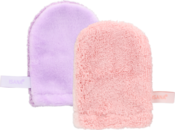 ISANA zestaw dwóch rękawiczek do demakijażu, różowa i fioletowa, z miękkiej mikrofibry, zbliżenie.