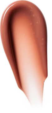 Smuga błyszczącego, peptydowego balsamu do ust Caramel Frappe, karmelowo-brązowa z bąbelkami, na jasnym tle.