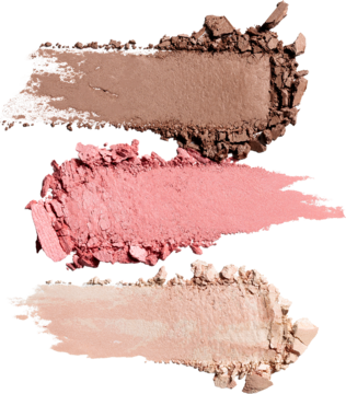 Trzy pudrowe swatche Luminous Face Palette Medium: brąz, róż, jasny beż do konturowania.