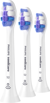Trzy białe końcówki Philips Sonicare S2 Sensitive z fioletowo-niebieskimi włóknami Extra Soft do delikatnego czyszczenia.