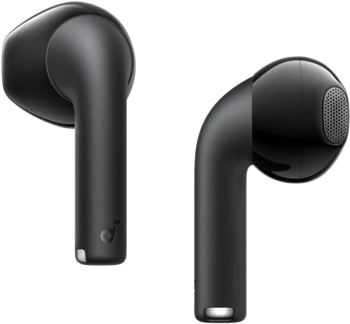 Dwie czarne, matowe słuchawki bezprzewodowe Soundcore K20i, typ douszny, widoczne z przodu, ułożone obok siebie.