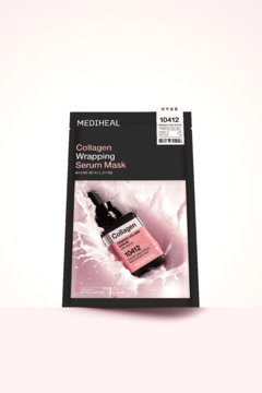 Czarna saszetka MEDIHEAL Collagen Wrapping Serum Mask, z grafiką butelki serum w białym płynie, widok z przodu.
