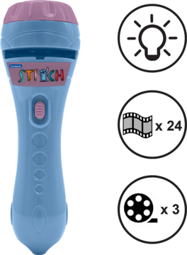 Niebiesko-różowy projektor-latarka dla dzieci Stitch, z 24 obrazami i 3 filmowymi krążkami.