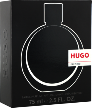 Czarne pudełko perfum damskich Hugo Deep Red EDP 75ml, z białym obrysem butelki, widok lekko z boku.