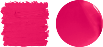 Dwie próbki Bridgerton Royal Treasures: prostokątny, matowy kontur do ust i okrągły, błyszczący błyszczyk w fuksji.