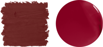 Swatche Bridgerton Royal Treasures: prostokątny liner bordo i okrągły błyszczyk w królewskiej czerwieni.