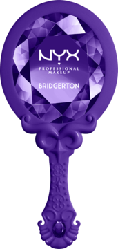 Fioletowe lusterko Bridgerton Royal Reflections z krystalicznym wzorem, logo NYX, zdobiona rączka.