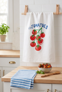 Biały bawełniany ręcznik kuchenny z nadrukiem czerwonych pomidorów i napisem 'FRESH TOMATOES', wiszący.