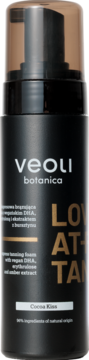 Veoli Botanica Love At First Tan Cocoa Kiss, czarna butelka pianki samoopalającej z dozownikiem, widok z przodu.