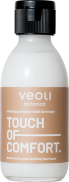 Veoli Botanica Touch Of Comfort nawilżająco-kojący tonik do twarzy, biała butelka z czarną nakrętką, widok z przodu.